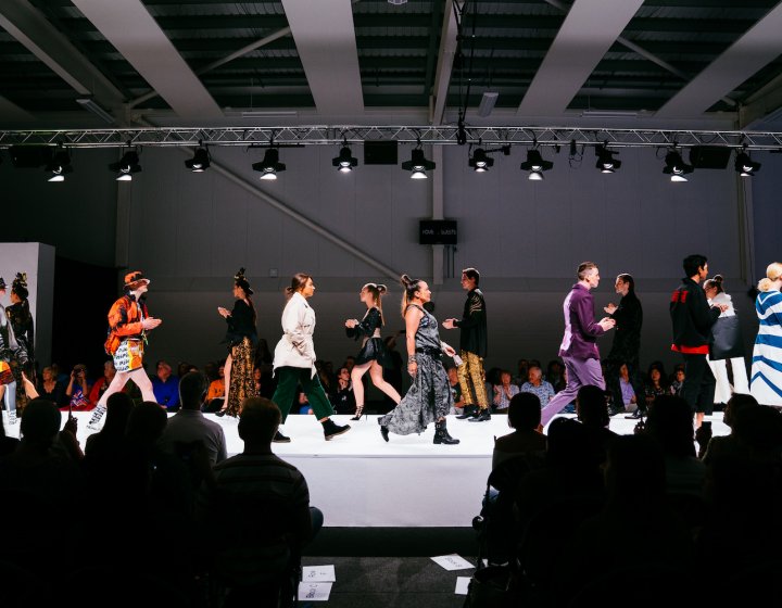 Models walking the catwalk at Falmouth University's Fashion Show in 2019 