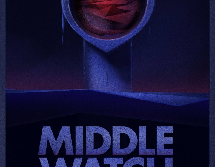 Middle Watch film poster - animation still of periscope coming out of the sea (in blue and black hues)  