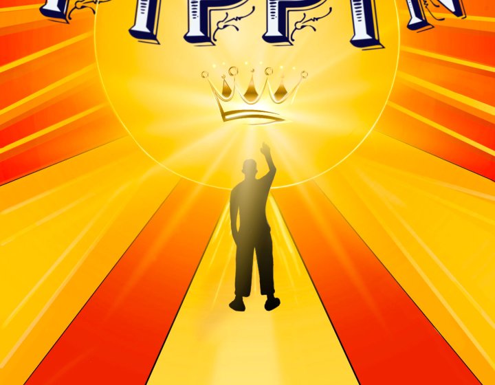 An illustration of a person in the view of a circus tent standing under some bunting that reads the words Pippin