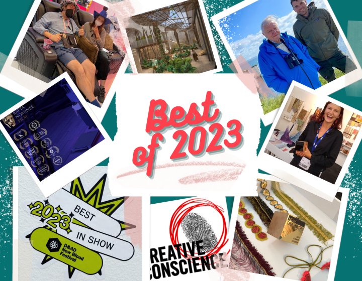 Collage of top news story header images for Falmouth University 2023