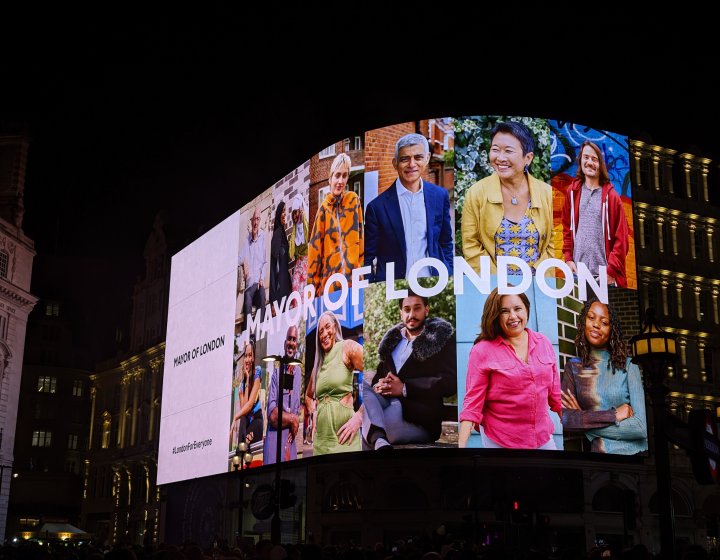 Piccadilly Circus billboard displays work by Photography graduate Serena Brown as part of the Mayor of London's 'London for Everyone' campaign.