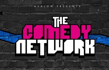 The Comedy Network logo on a background of black bricks with a blue zigzag going through the middle