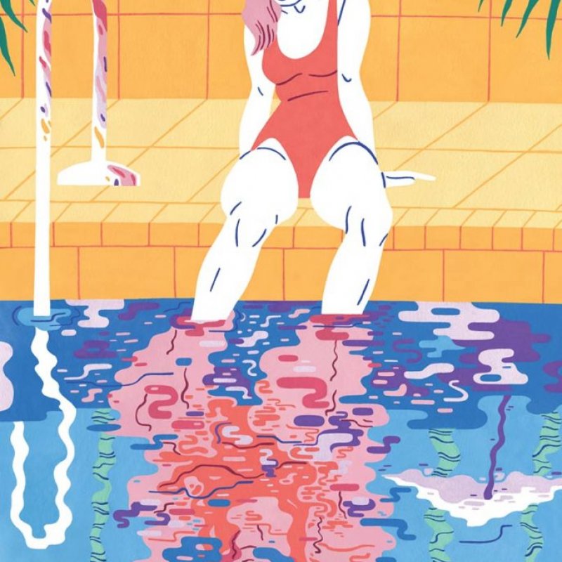 A woman looks into a swimming pool, where she sees a distorted image of herself 
