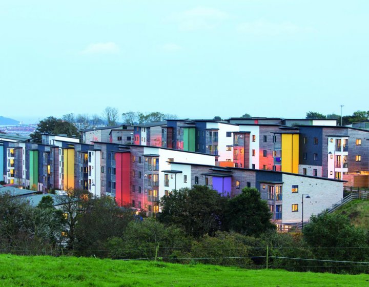 Colourful blocks of student accommodation on Penryn Campus